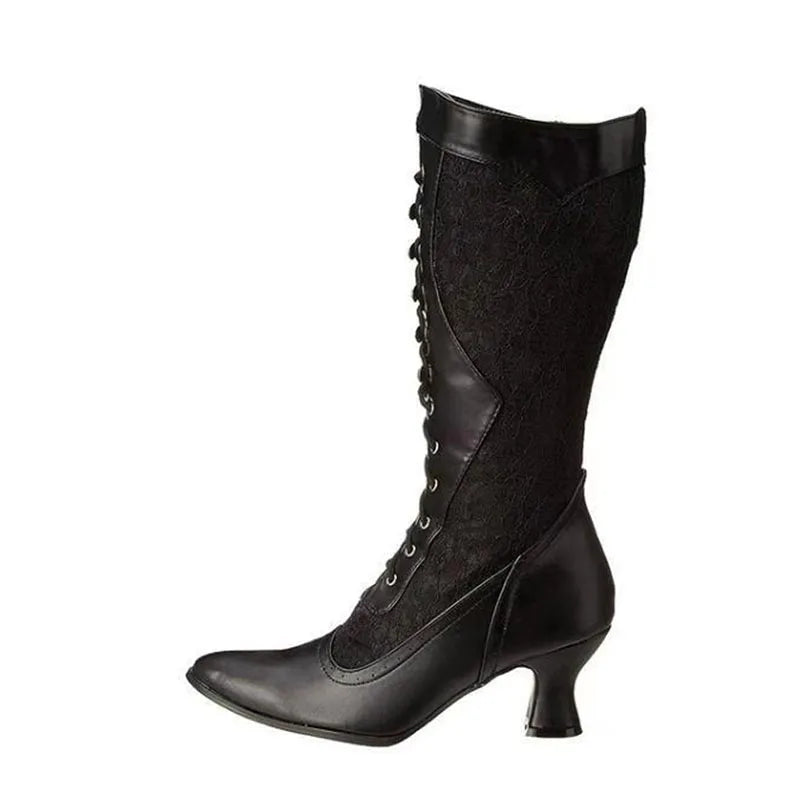Retro Women Boots Autumn Winter Sexy Shoes Woman Lace-up Pointed Toe Low Heels Mid-calf Boots for Women Custom 34-43  WSH3450