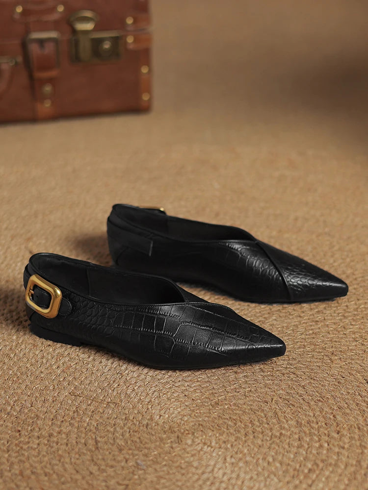 NEW 2025 Trend Genuine Leather Splicing Women Flats Spring Autumn Pattern Flat Shoes Lady Leopard Pointed Toe Buckle Style Shoes
