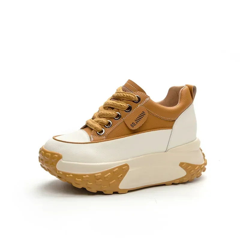 Fujin 3 inch 7cm Genuine Leather Platform Wedge Fashion Women fall winter Chunky Sneakers Heel Shoes Breathable Comfortable