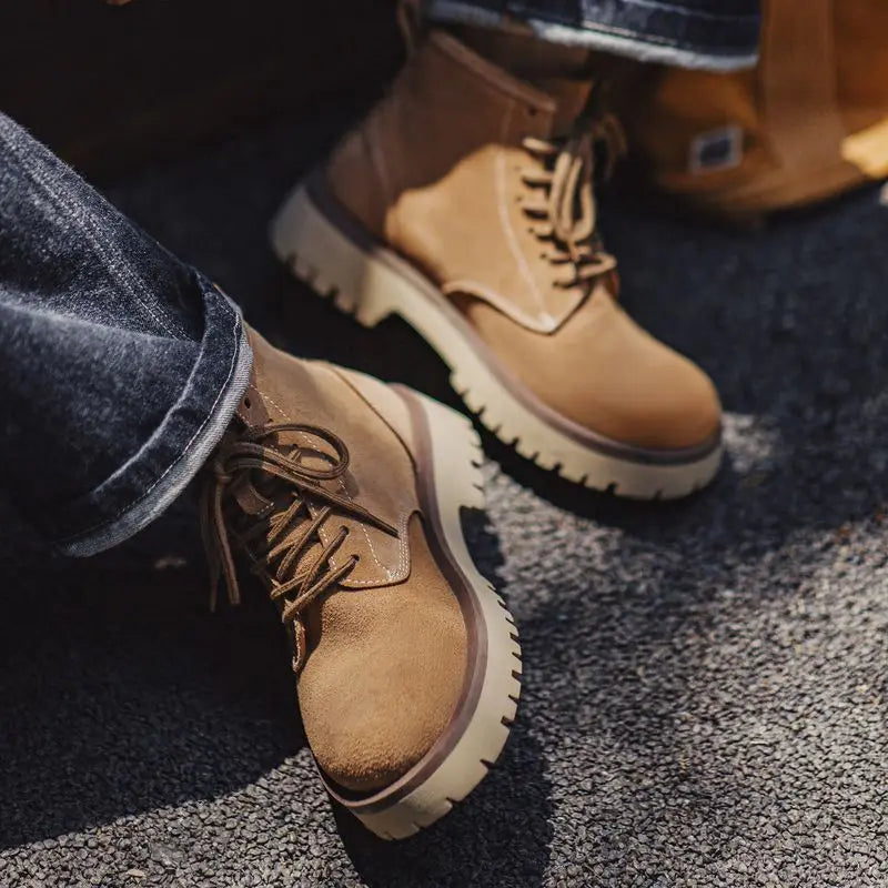 Maden Vintage Men's Cow Suede High-Top Boots Chunky Round Toe Work Desert Boots Lace-Up Ankle Boots for Fall Winter Casual Shoes