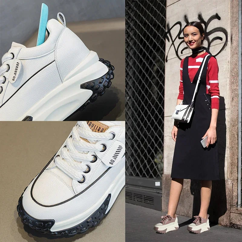Fujin 3 inch 7cm Genuine Leather Platform Wedge Fashion Women fall winter Chunky Sneakers Heel Shoes Breathable Comfortable