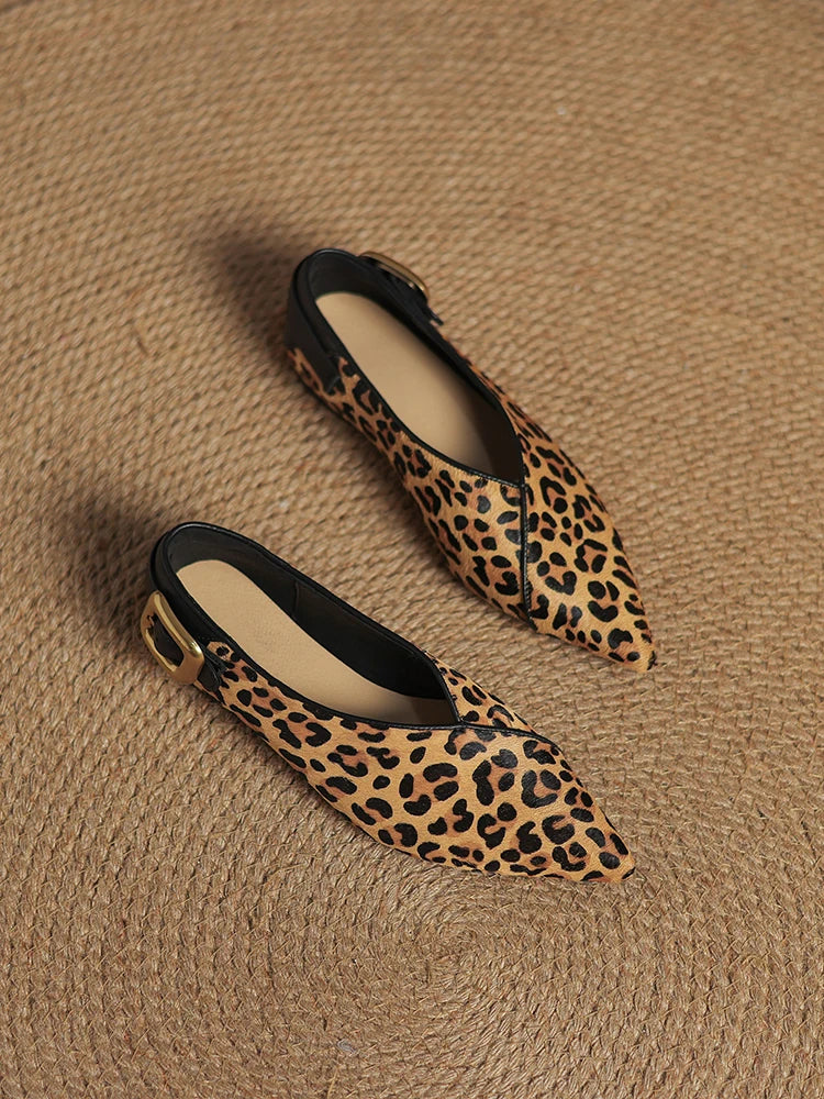 NEW 2025 Trend Genuine Leather Splicing Women Flats Spring Autumn Pattern Flat Shoes Lady Leopard Pointed Toe Buckle Style Shoes