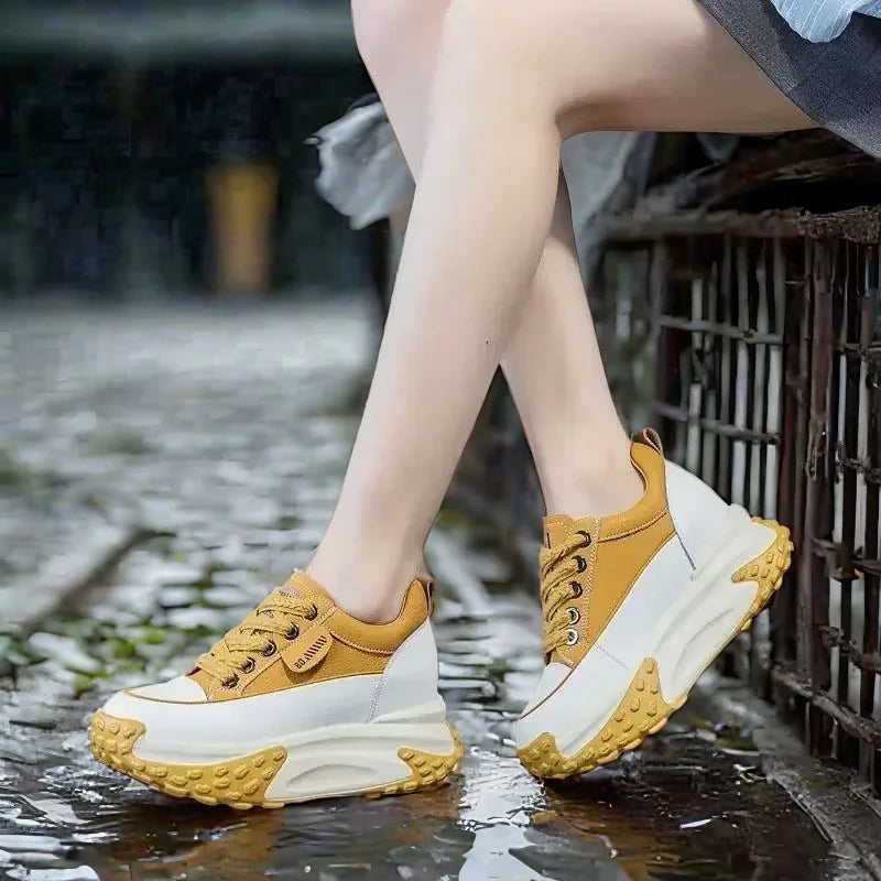 Fujin 3 inch 7cm Genuine Leather Platform Wedge Fashion Women fall winter Chunky Sneakers Heel Shoes Breathable Comfortable