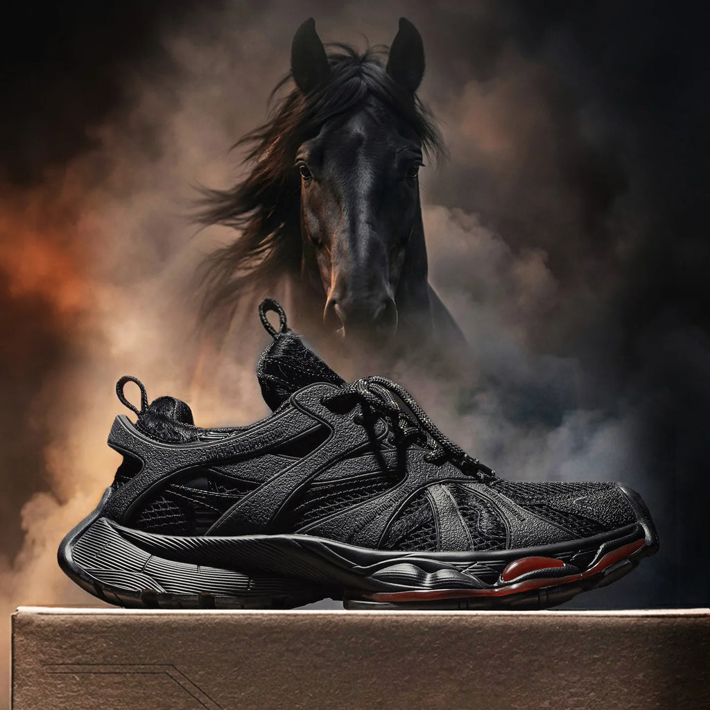 Maden Retro Men‘s Black Horse Sneakers Thick Sole Dad Shoes for Year of the Horse Lace-Up Casual Running Shoes for Fall Winter